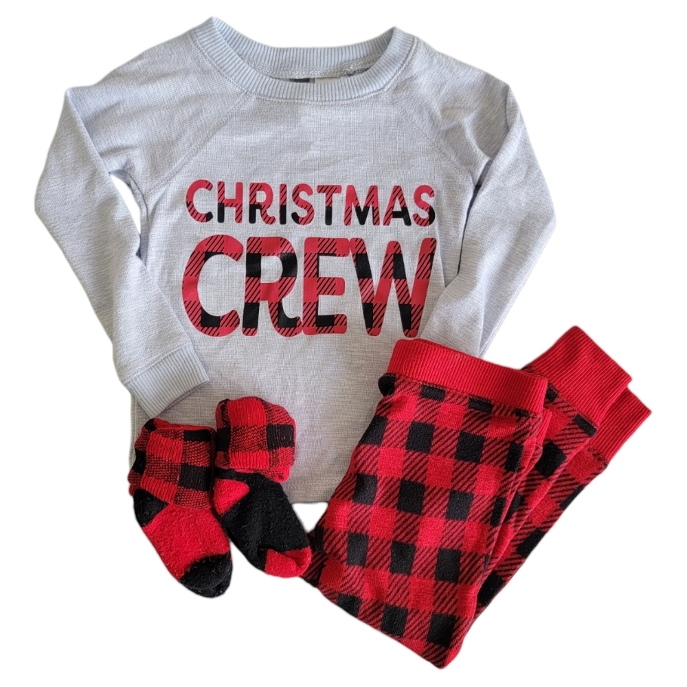 Boy's Jaclyn Intimates Christmas Crew Buffalo Plaid Pajamas & Matching Socks 2T